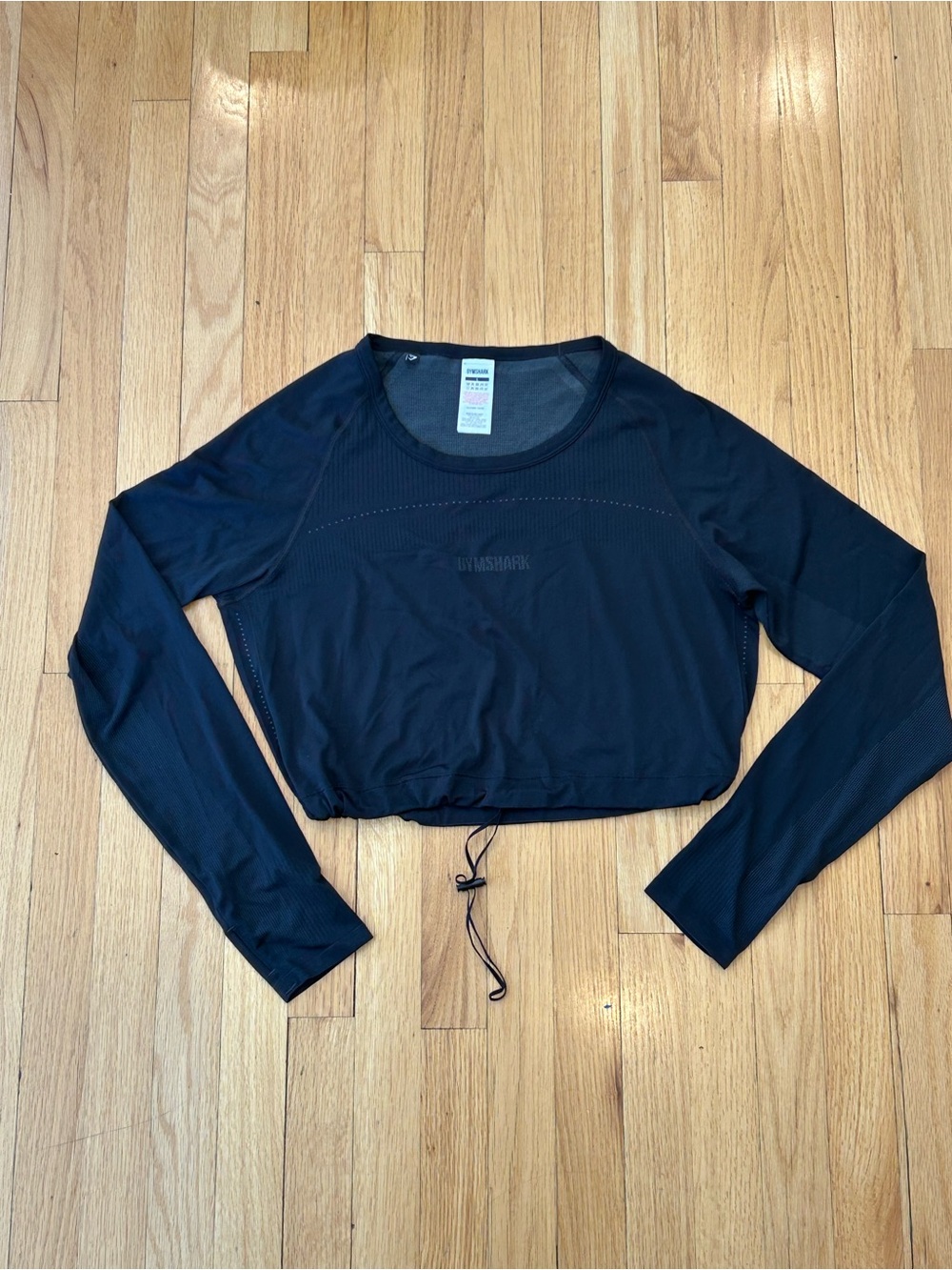 Gymshark Black Cropped Long Sleeve Drawstring Workout Top Size L